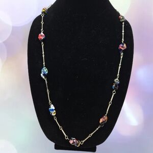 Millefiori Women Necklace Vintage 1970's Colorful Glass Beads Silver Tone Chain